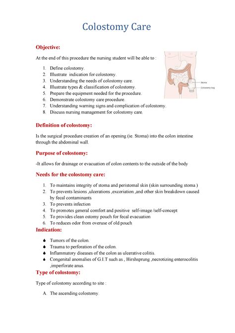 Colostomy care - Definition, purpose, indications, types, procedure, nursing management, - Studocu