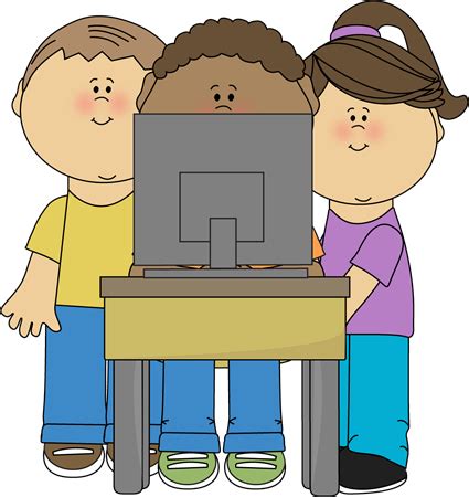 Kids Using School Computer Clip Art - Kids Using School Computer Vector Image