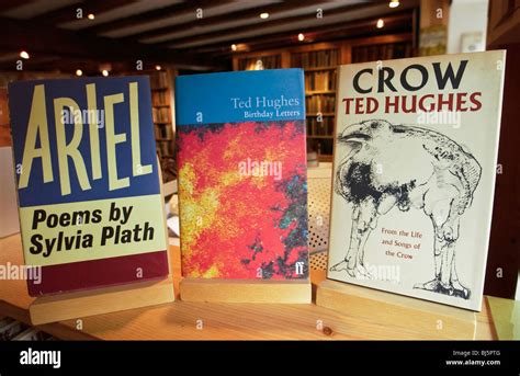 Ted Hughes & Sylvia Plath books of poems on display at The Poetry Bookshop, Hay on Wye Powys ...