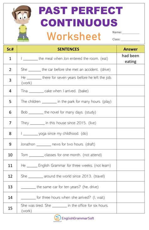 Past Perfect Continuous Tense Worksheet with Answers - EnglishGrammarSoft