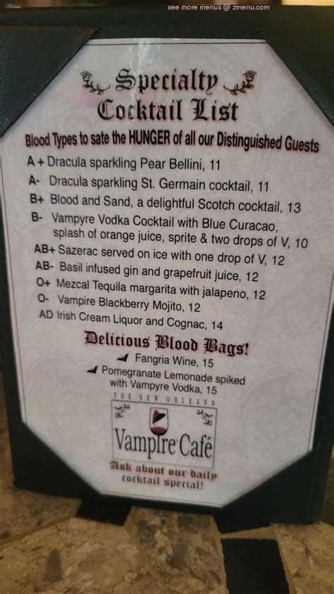 Menu at New Orleans Vampire Cafe, New Orleans