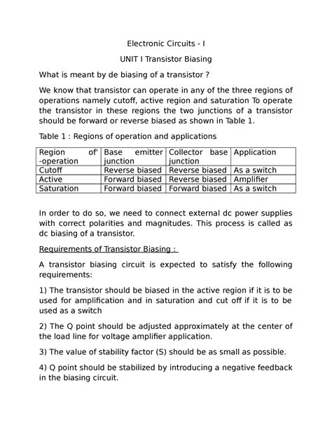 Transistor biasing - Electronic Circuits - I UNIT I Transistor Biasing What is meant by de ...