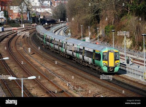 Southern Rail train approaching Brighton Station UK on the London to ...