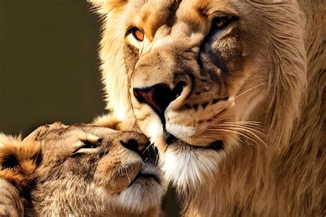 Premium Photo | A lion and a lioness kiss each other.