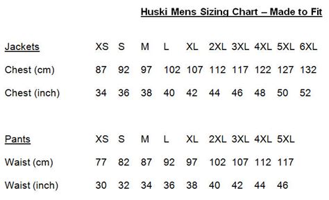 Size Chart HUSKI — Your Workwear