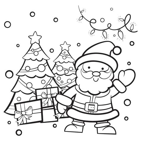 Santa Claus line drawings, cute cartoons on Christmas day. There is a pine tree decorated with a ...