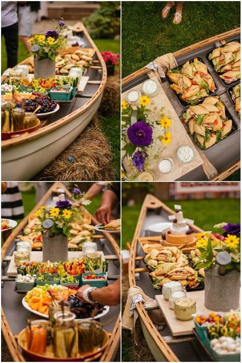 several pictures of food being served in a boat on the grass, including sandwiches and salads