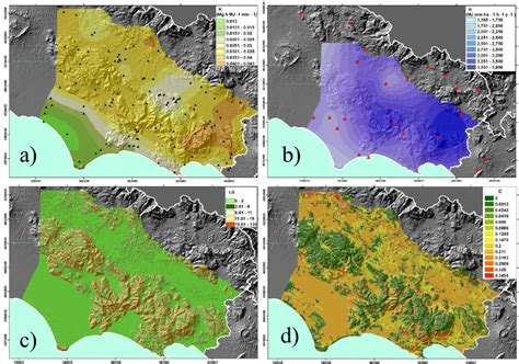 Modeled patterns for RUSLE factors: a) soil erodibility K (black... | Download Scientific Diagram