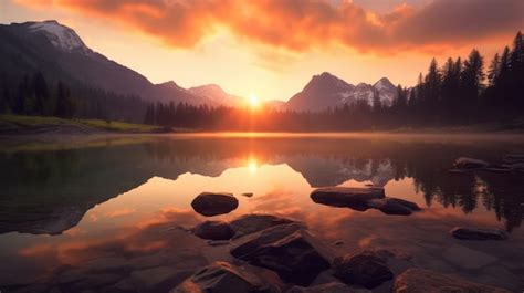 Premium AI Image | Beautiful spring sunrise on a mountain lake