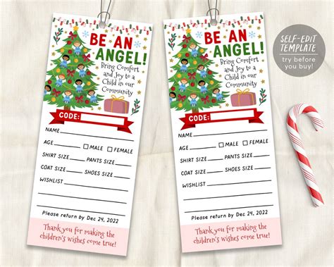 Christmas Giving Tree Gift Tag Editable Template, Donation Slip With Angels Printable, Charity ...