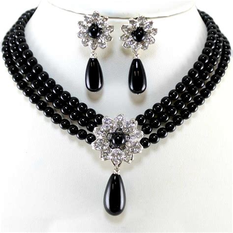 Elegant Black Pearl Crystal Silver Wedding Evening Necklace Set Costume Jewelry | eBay