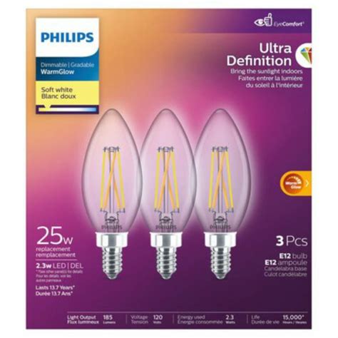 Philips (B11) Candelabra Base (E12) Soft White Warm Glow Glass Clear LED Ultra Definition 25W ...