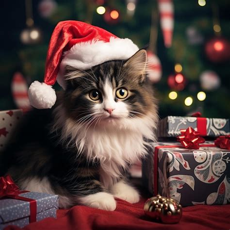 Premium AI Image | Cute cat wearing santa hat with christmas gifts ...