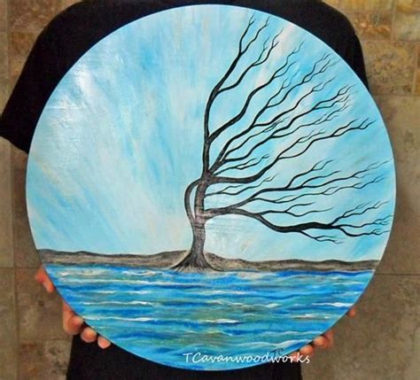 Windswept Tree Painting, Wind Swept Tree Art, Ocean Waves Painting, Ocean Waves Art, Round ...