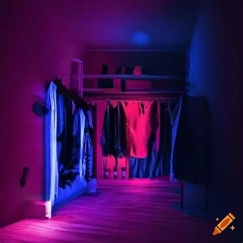 Neon-lit basement with hanging clothes on Craiyon
