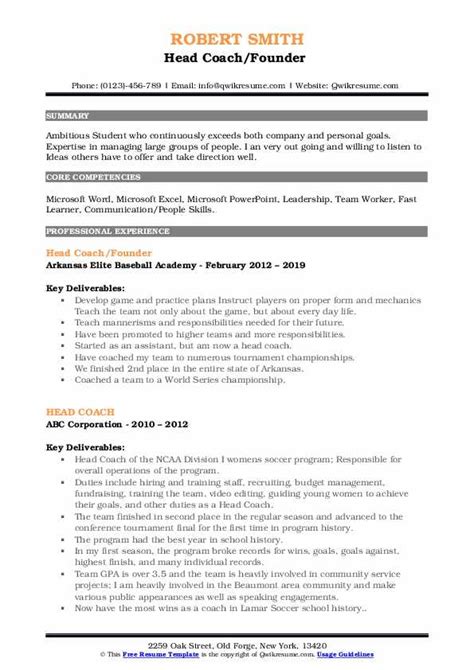 Head Coach Resume Samples | QwikResume