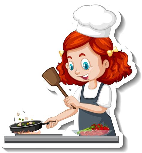 Cartoon character sticker with chef girl cooking 2940253 Vector Art at ...