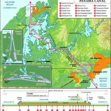 General map of the Panama Canal and its enlargement. Below ...