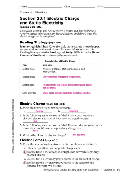 Section 1 Electric Charge Worksheets Answers