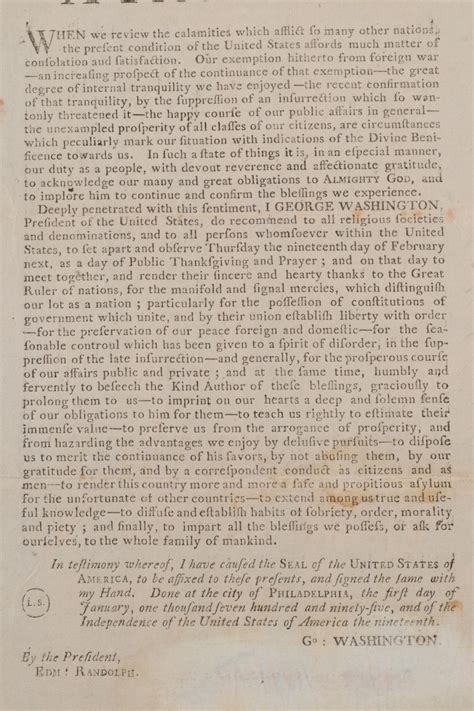 George Washington Printed Proclamation of Thanksgiving and Prayer, 1795 ...