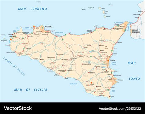 Detailed road map island sicily italy Royalty Free Vector