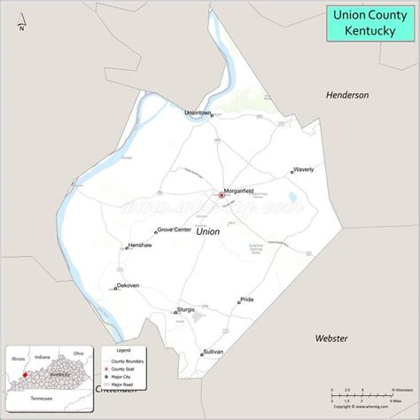 a map showing the location of union county kentucky and its surrounding towns, roads, and lakes