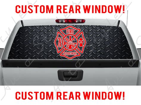 Black Steel Plate Firefighter Pickup Truck Department Perforated Window Decal by ...