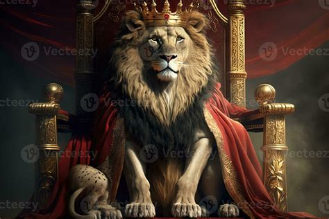 Royal lion wearing a gold crown and red cloak sitting on a golden and ...