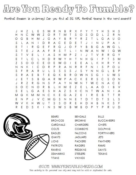 All 32 NFL Teams football wordsearch – Printables for Kids – free word search puzzles, coloring ...