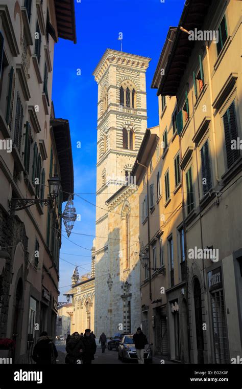 Street in old town, cathedral tower, Prato, Tuscany, Italy Stock Photo ...