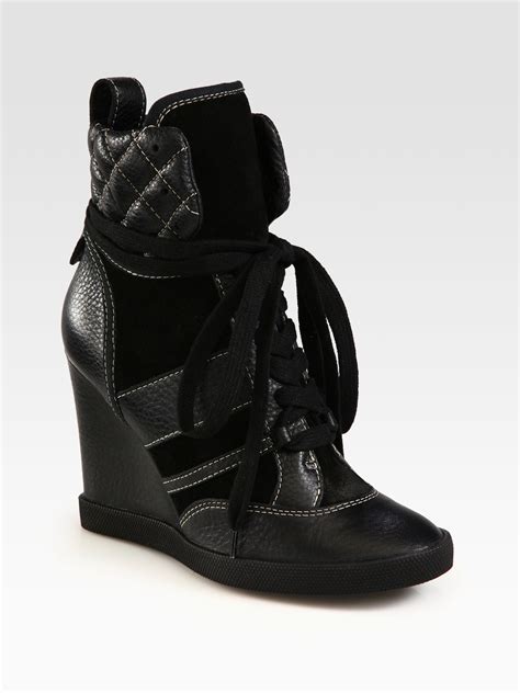 Lyst - Chloé Leather and Suede High Top Wedge Sneakers in Black