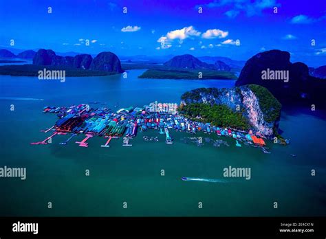 Aerial panorama view over Ko Panyi floating village in souther of Thailand. Ko Panyi is a ...