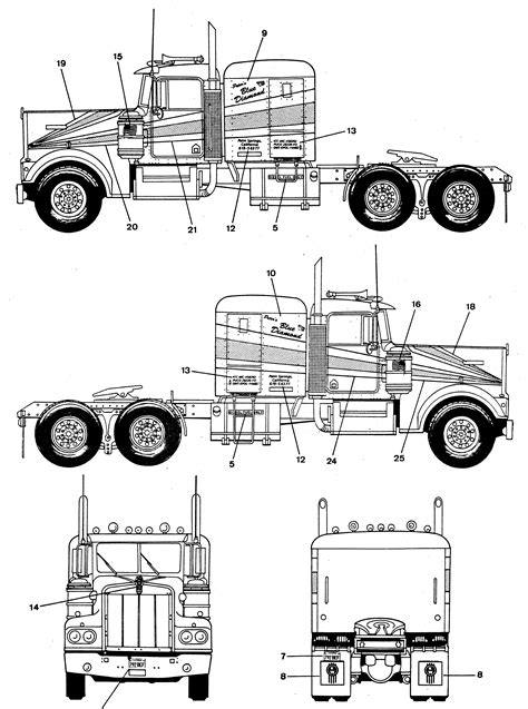 Kenworth W900 Blueprint - Download free blueprint for 3D modeling