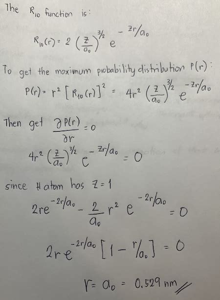 Show all steps of the derivation: Show that the most probable radius for an electron described ...