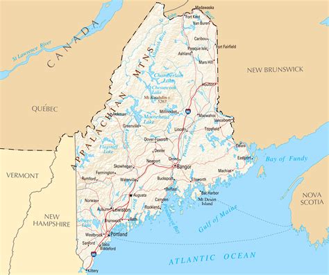 Large map of Maine state with roads, highways, relief and major cities ...