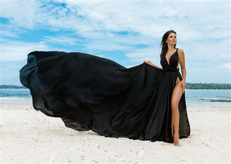 Idea for beach photoshoot black flowy dress with long train by ls-dress | Photoshoot dress ...