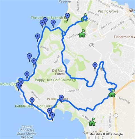 Visitor guide map to the 17-Mile Drive in Pebble Beach, California. Points of interest ar ...