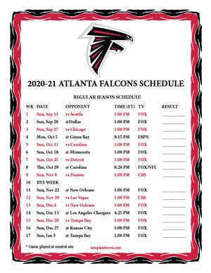 Printable 2020-2021 Atlanta Falcons Schedule