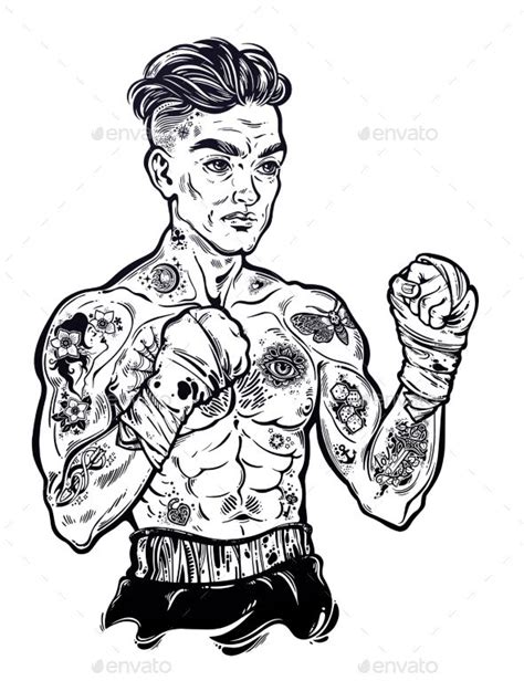 Tattooed boxer fighter, player in vintage style with fighting with wrapped knuckles. Traditional ...