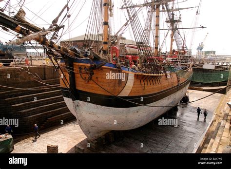 HM Bark Endeavour a replica of Captain James Cook's famous ship, pictured in dry dock in Hull ...