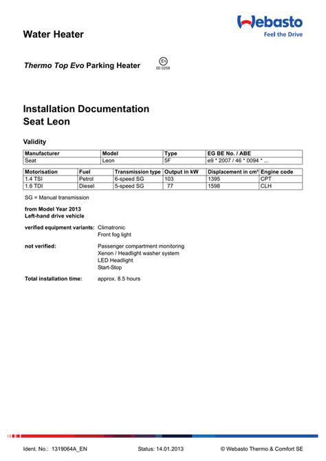 Webasto | User manual | Water Heater Installation Documentation Seat Leon Thermo Top Evo | Manualzz