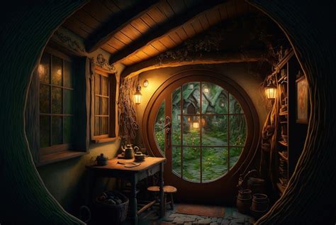 Premium Photo | Hobbit house interior at night round entrance door ...