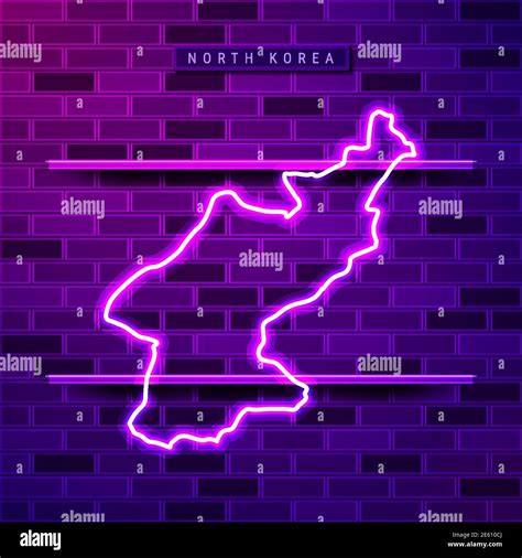 North Korea map glowing neon lamp sign. Realistic vector illustration. Country name plate ...