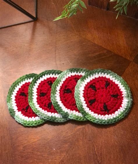 Crochet fruit slice coasters set of 4 Watermelon slice | Etsy