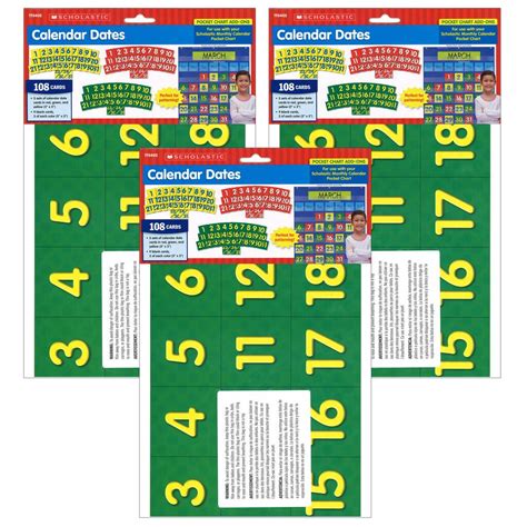 Purchase the Scholastic® Calendar Dates Pocket Chart Add-ons, 3 Packs of 108 at Michaels.com