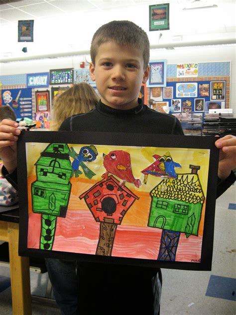 2nd Grade Architecture Birdhouses | Elementary art, Elementary art projects, Classroom art projects
