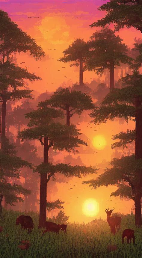 a dreamy sunset in the forest with animals pixelart | Stable Diffusion | OpenArt