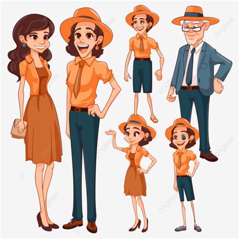 Role Model Vector, Sticker Clipart Cute Family Characters Standing And Posing With Orange Hats ...