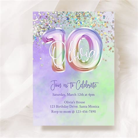 Editable tenth birthday 10th birthday invitation holographic birthday party invite double digits ...