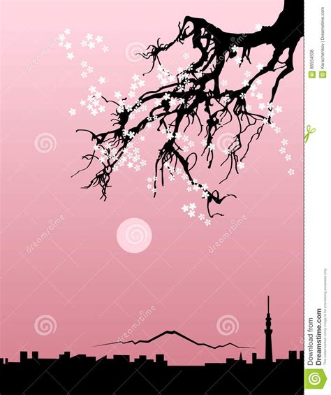 Tokyo City Skyline Black Silhouette on Natural Sakura Background. Vector Stock Vector ...